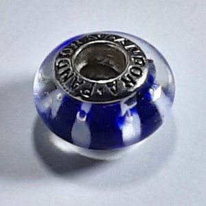 PANDORA MURANO GLASS BEAD CHARM WITH WHITE AND BLUE STRIPES AND CLEAR BUBBLES